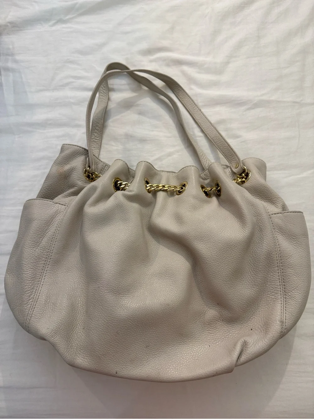 Michael Kors Off-White Pebbled Leather Drawstring Shoulder Bag | Gold Hardware